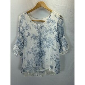 Elena Baldi Made in Italy Floral Top Blue Silk Overlay Butterfly Breezy Beach M